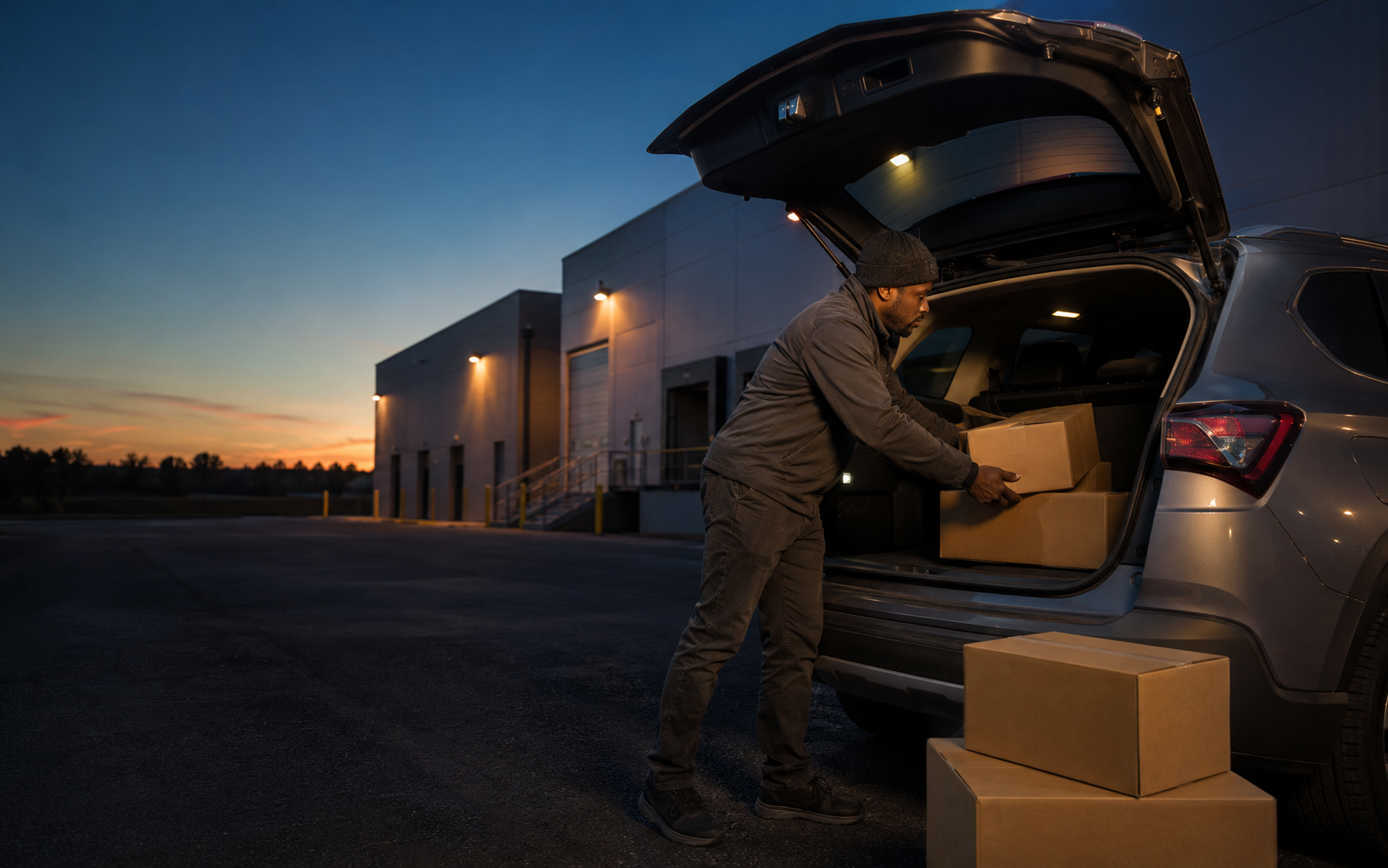 A delivery driver loading parcels into a personal vehicle at dawn